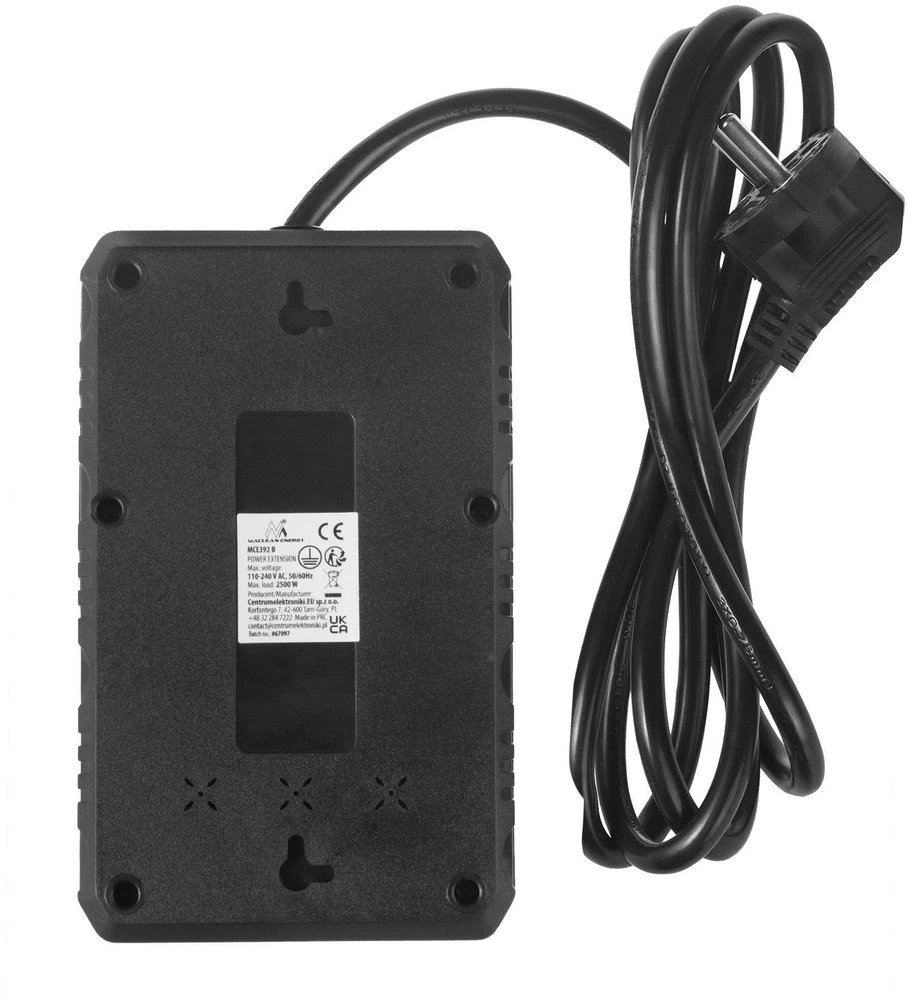 „Maclean“ maitinimo laidas, 4 lizdų prailginimo laidas + 3xUSB, 110-240V AC 50/60Hz, 2.1A max 2500W, 1.5m, juodas, MCE392 B