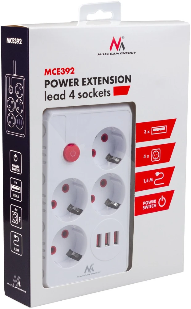 „Maclean“ maitinimo laidas, 4 lizdų prailginimo laidas + 3xUSB, 110–240 V AC 50/60 Hz, 2,1 A maks. 2500 W, 1,5 m, baltas, MCE392 W