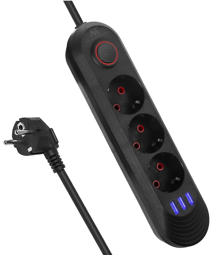 „Maclean“ maitinimo laidas, 3 lizdų prailginimo laidas + 3xUSB, 110-240V AC 50/60Hz, 2.1A max 2500W, 1.5m, juodas, MCE394 B