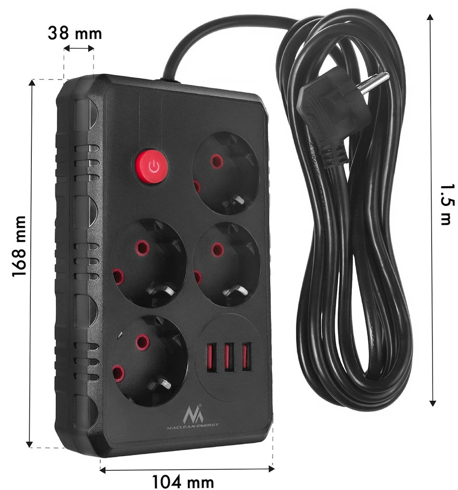 „Maclean“ maitinimo laidas, 4 lizdų prailginimo laidas + 3xUSB, 110-240V AC 50/60Hz, 2.1A max 2500W, 1.5m, juodas, MCE392 B