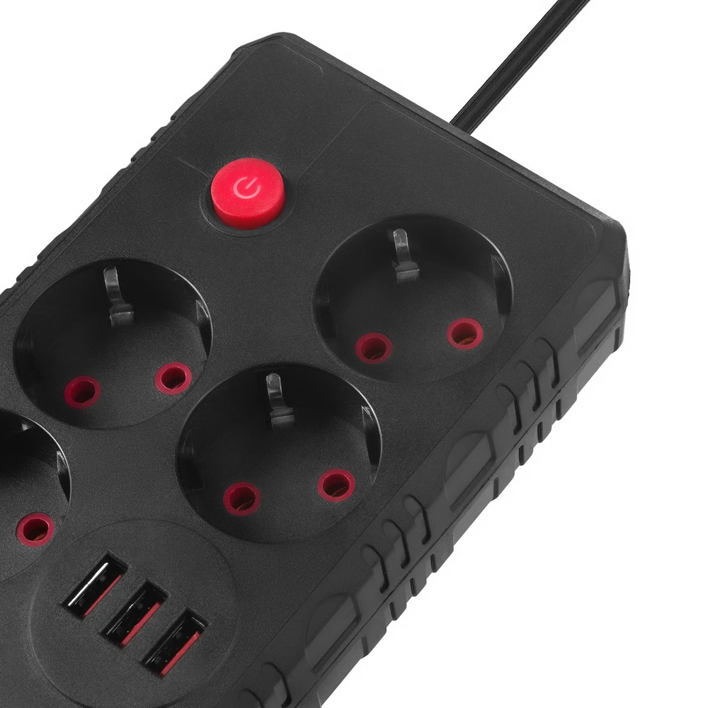 „Maclean“ maitinimo laidas, 4 lizdų prailginimo laidas + 3xUSB, 110-240V AC 50/60Hz, 2.1A max 2500W, 1.5m, juodas, MCE392 B