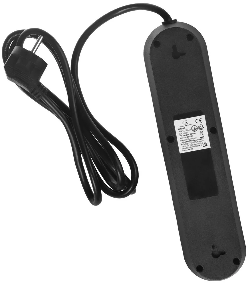 „Maclean“ maitinimo laidas, 3 lizdų prailginimo laidas + 3xUSB, 110-240V AC 50/60Hz, 2.1A max 2500W, 1.5m, juodas, MCE394 B
