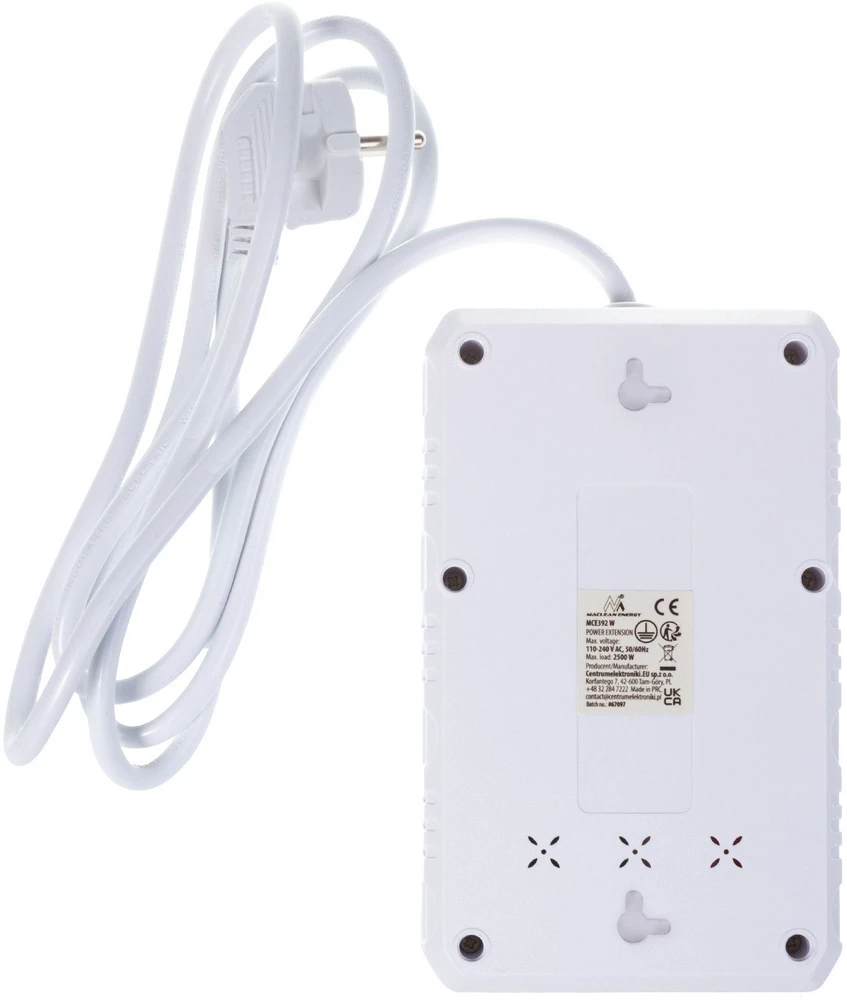 „Maclean“ maitinimo laidas, 4 lizdų prailginimo laidas + 3xUSB, 110–240 V AC 50/60 Hz, 2,1 A maks. 2500 W, 1,5 m, baltas, MCE392 W