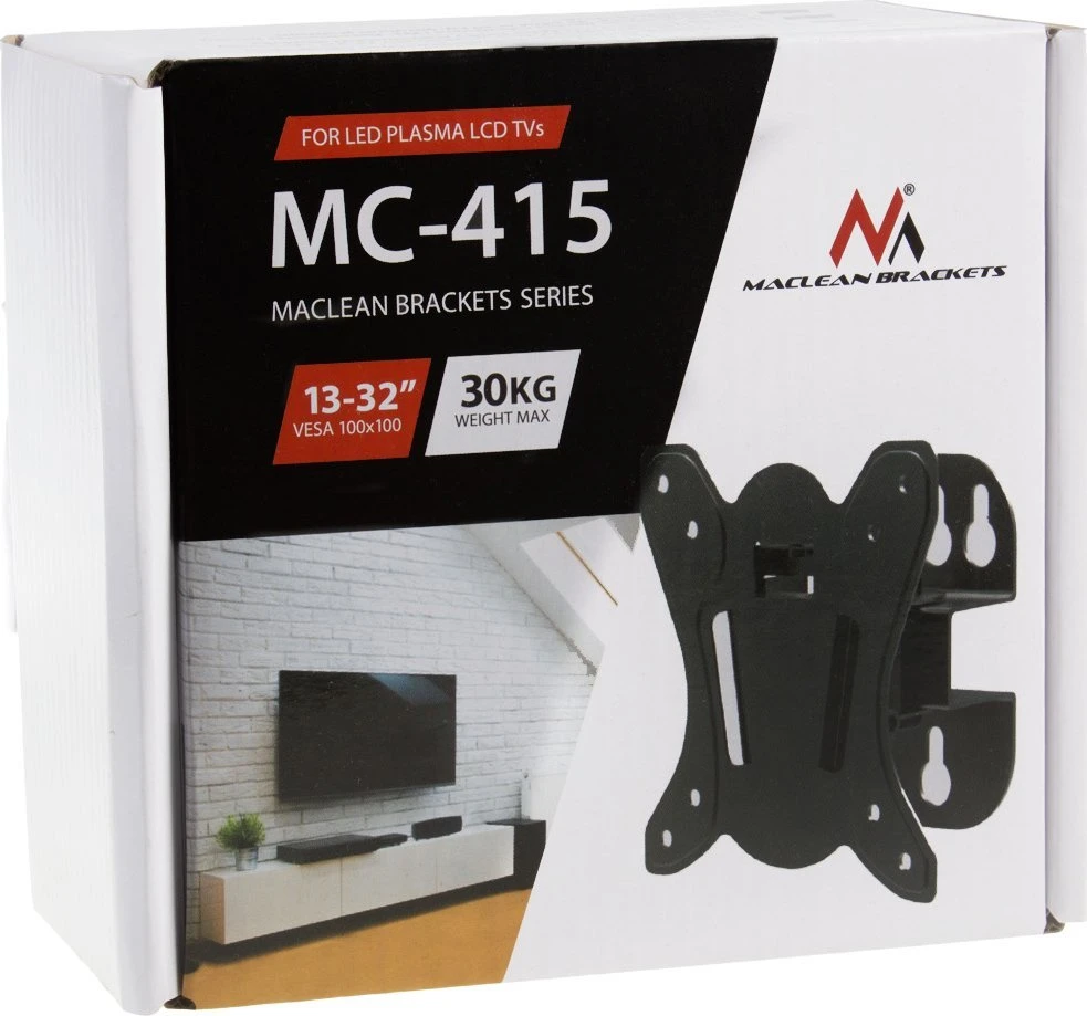 Maclean MC-415 TV Monitorius sieninis laikiklis 13"-32" 30kg Pakreipti Pasukti maks. VESA 100x100 30kg Juodas Slim universalus miltelinis dažymas