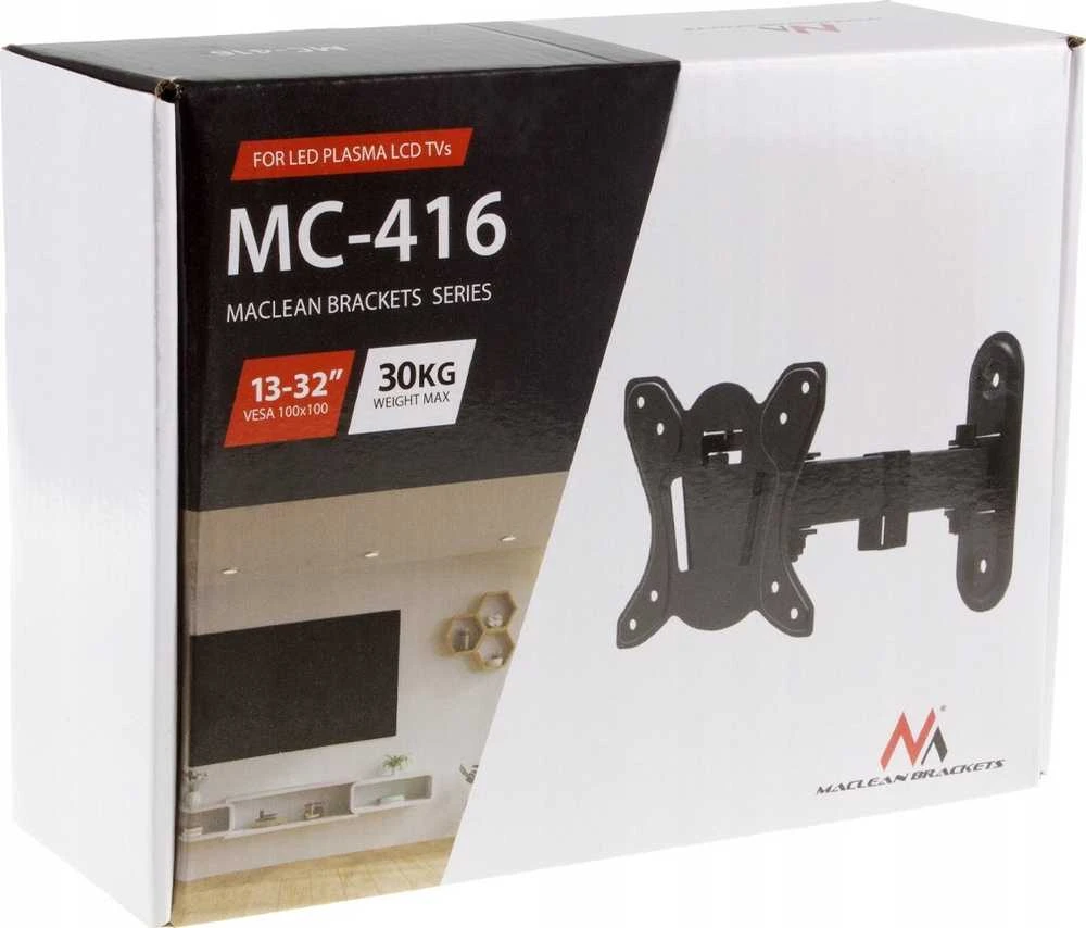 Maclean MC-416 TV Monitorius sieninis laikiklis 13"-32" 30kg Pakreipti Pasukti maks. VESA 100x100 Juodas milteliniu būdu padengtas LED OLED LCD universalus laikiklis