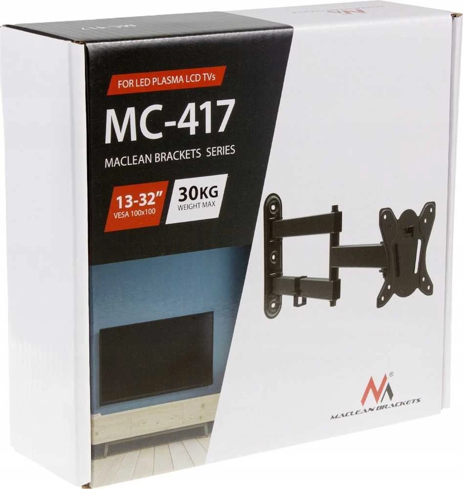 Maclean MC-417 Full Motion TV Monitorius sieninis laikiklis 13-32" 30kg maks. VESA 100x100 Juodas, milteliniu būdu dengtas universalus laikiklio laikiklis Reguliuojamas sienos atstumas, sukamasis pakreipimas