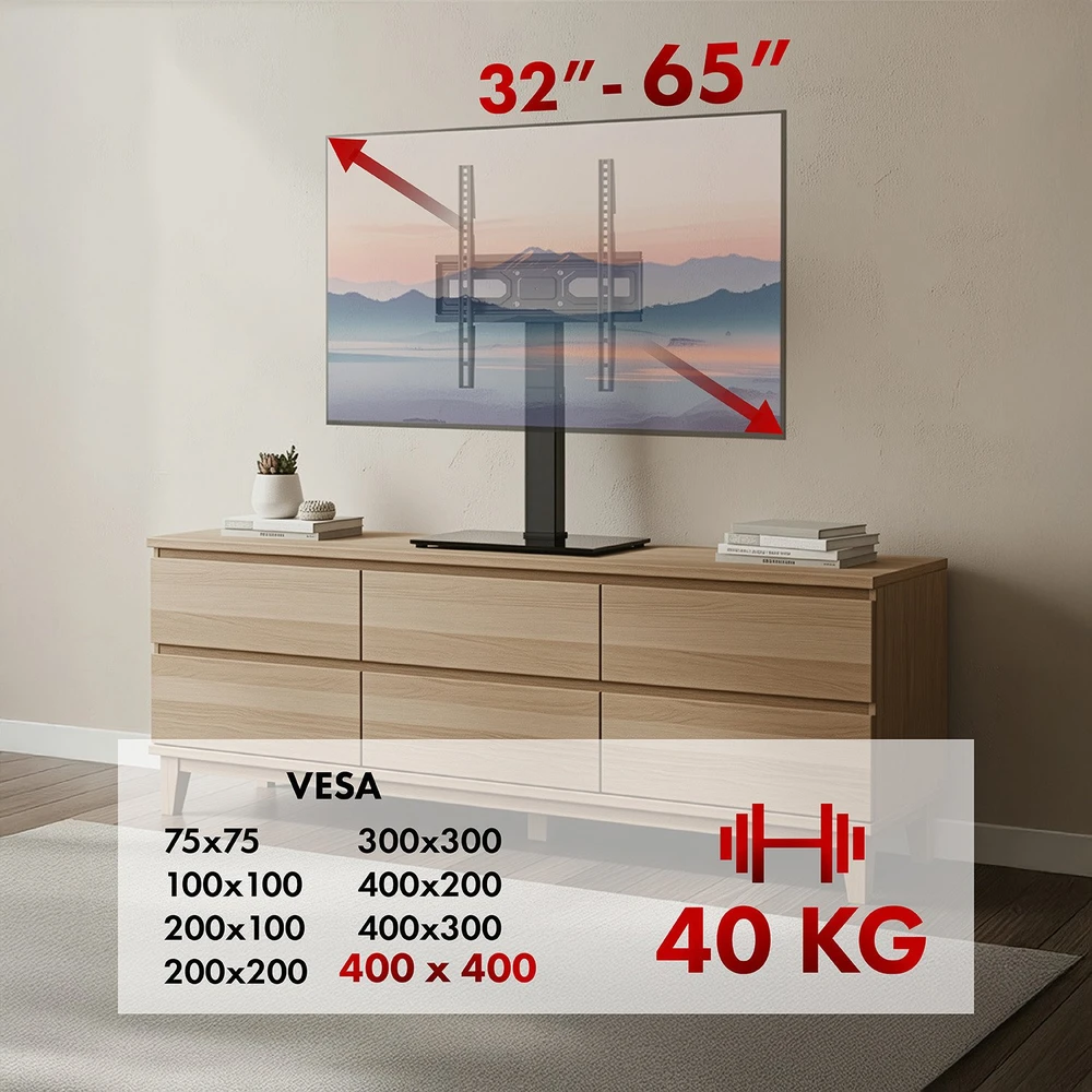 Laikiklis „Maclean“ universalus televizoriaus stovas, RTV spintelei, stovas, maks. 40 kg, maks. VESA 400x400, aukščio ir kampo reguliavimas, 32–65 colių televizoriams, MC-1240
