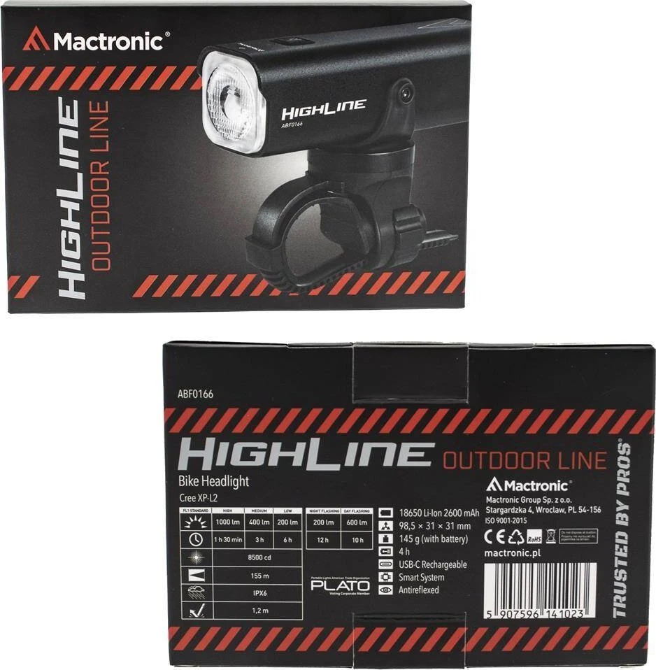 Mactronic 1000lm įkraunamas priekinis dviračio žibintas HIGHLINE ABF0166