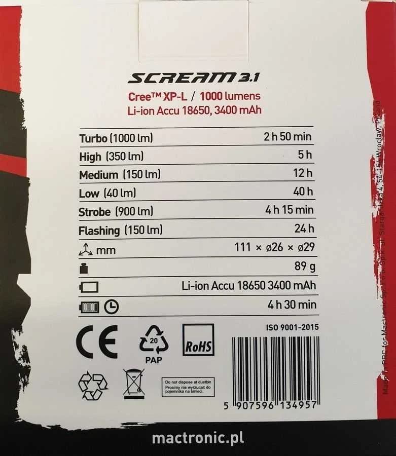 Mactronic 900lm įkraunamas priekinis dviračio žibintas Scream 3.1