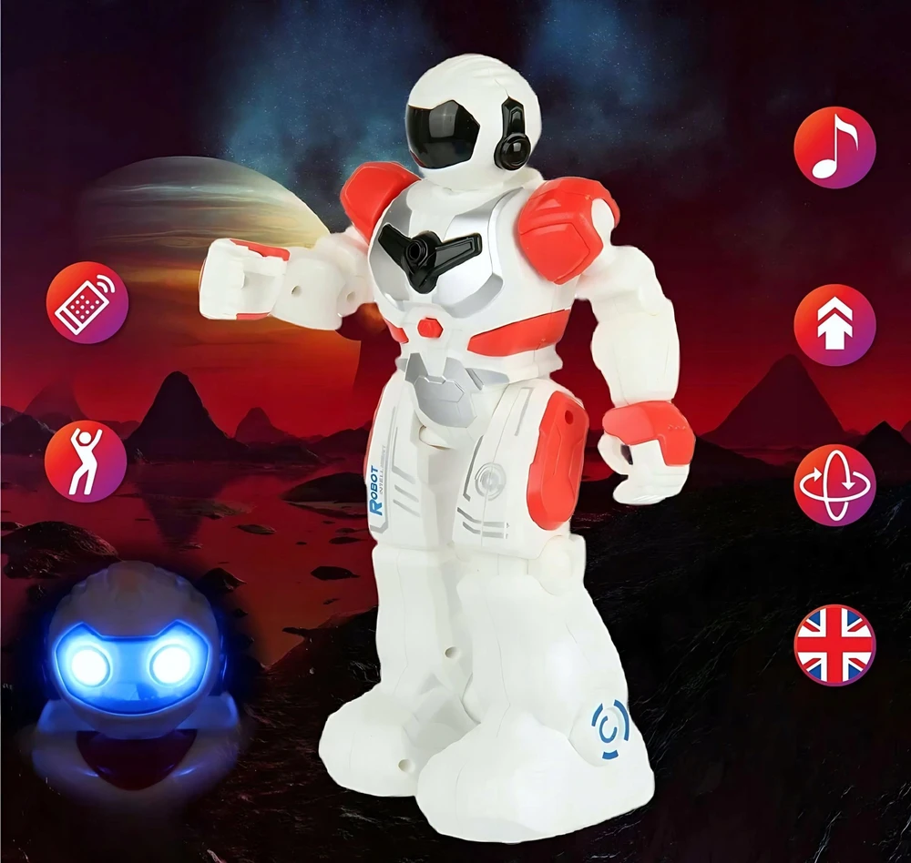 Madej nuotoliniu būdu valdomas robotas, baltas ir raudonas