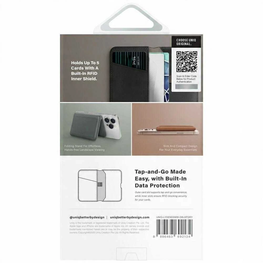 Dėklas Uniq Lyden DS RFID magnetinė piniginė su telefono stoveliu - Juodas