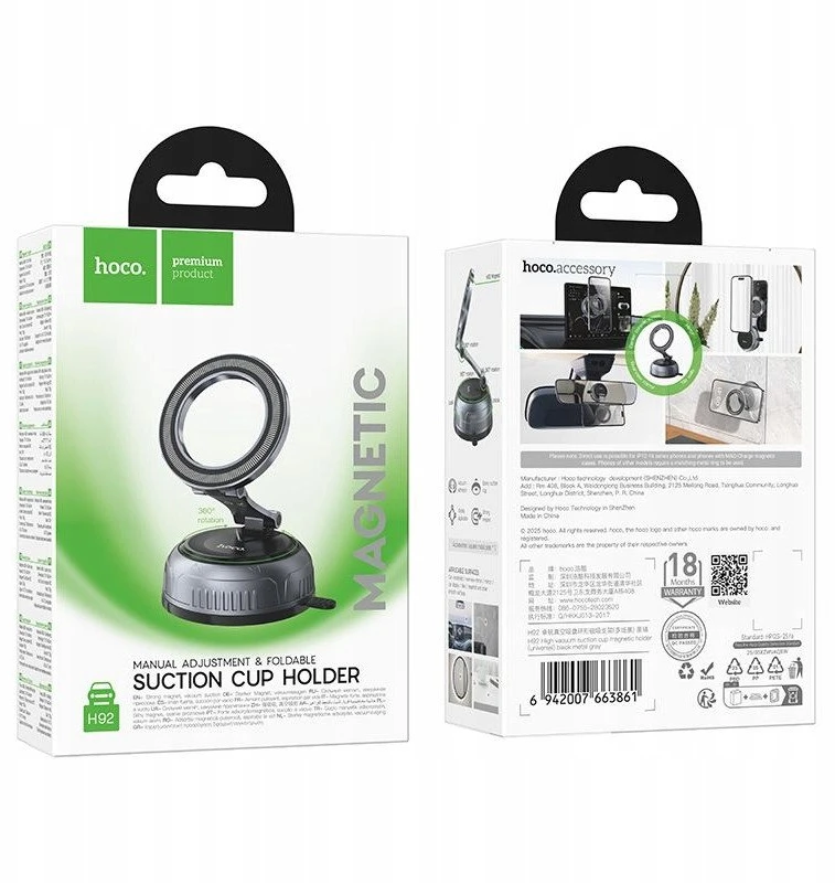 Magnetinis automobilio laikiklis Hoco su reguliuojamu siurbtuku H92 juodas metalas pilka