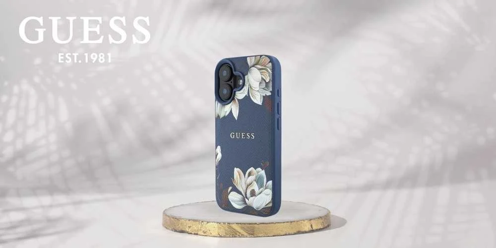 Dėklas Guess Grained Printed Flower Pattern MagSafe Apple iPhone 16 mėlynas