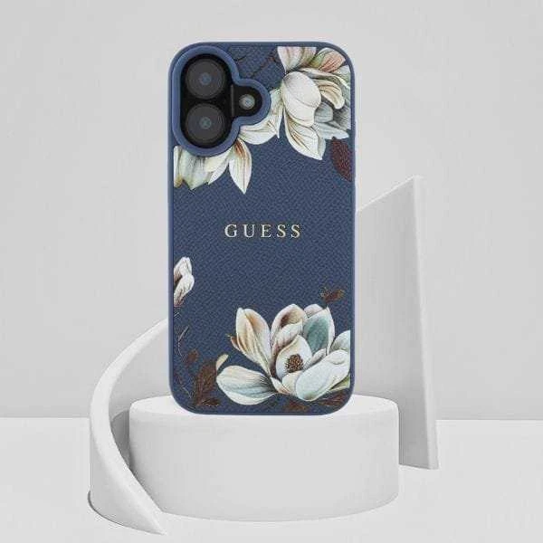 Dėklas Guess Grained Printed Flower Pattern MagSafe Apple iPhone 16 mėlynas