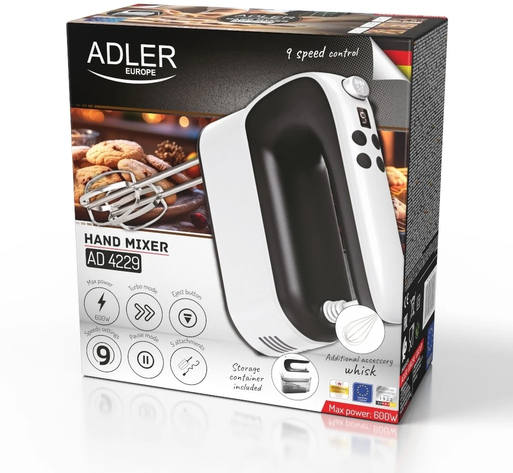 Plakiklis Adler Hand Mixer | AD 4229 | Hand Mixer | 600 W | Greičių skaičius 9 | Turbo mode | Juodas/Baltas