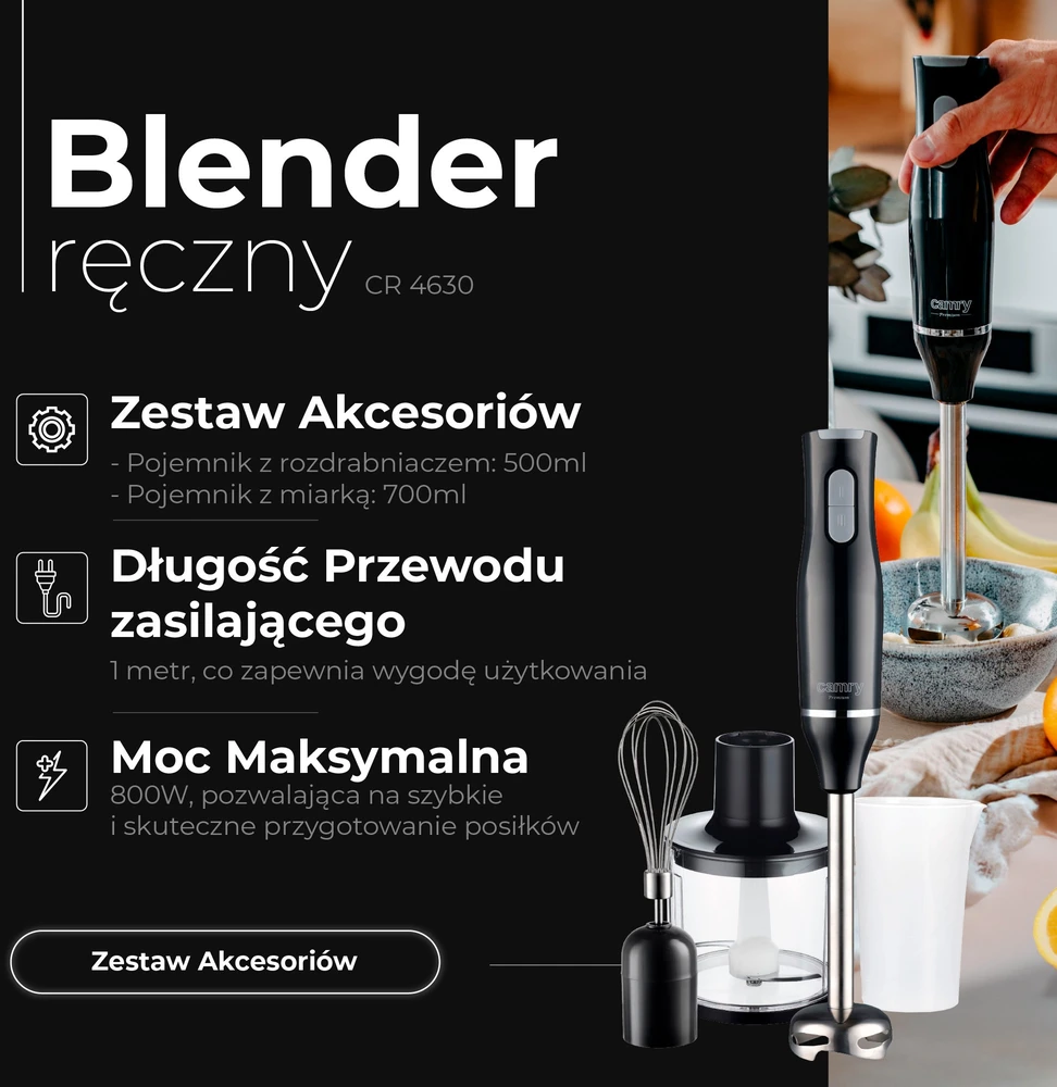Camry | CR 4630 | Hand Maišytuvas | 800 W | Greičių skaičius 2 | Chopper | Juodas