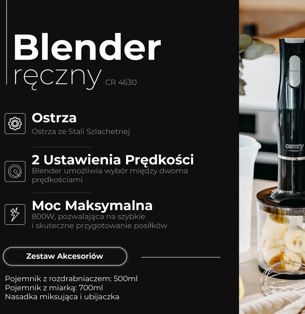 Camry | CR 4630 | Hand Maišytuvas | 800 W | Greičių skaičius 2 | Chopper | Juodas