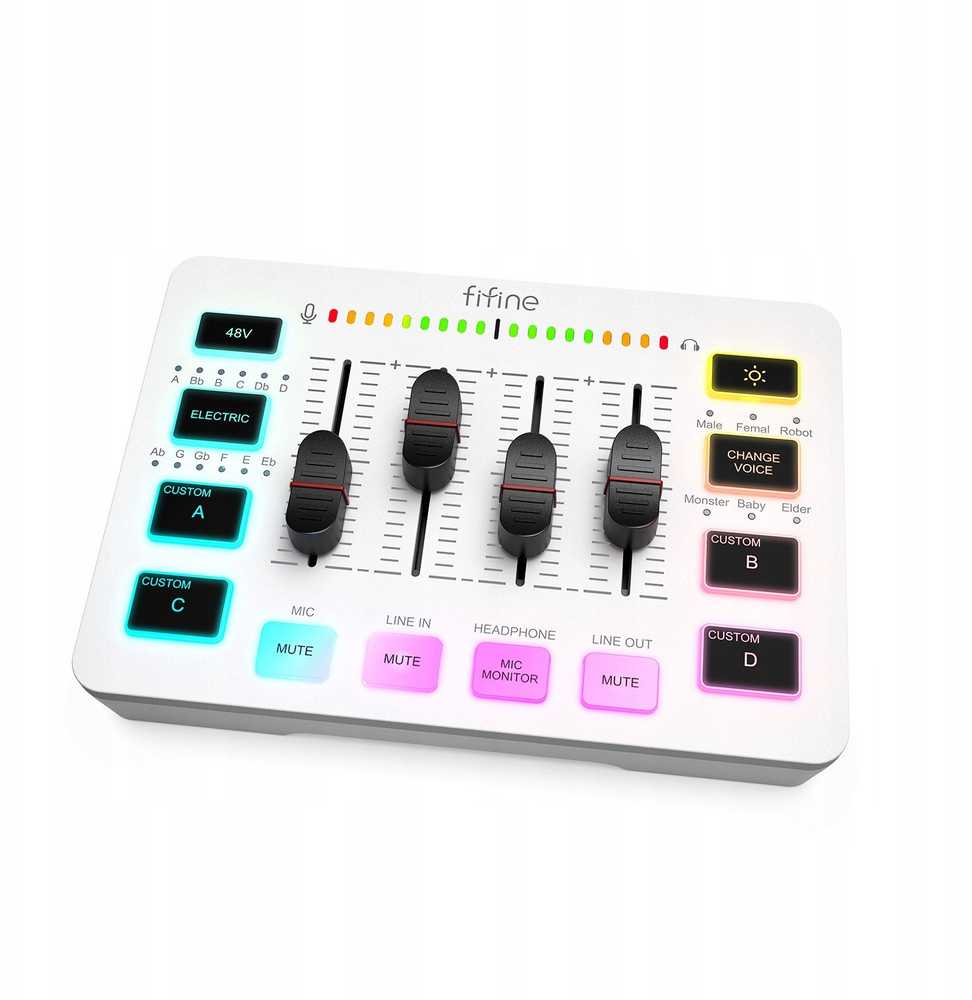 Ausinės Fifine Maišytuvas Sound Card SC3W balta USB su RGB XLR 2 - kanałowy