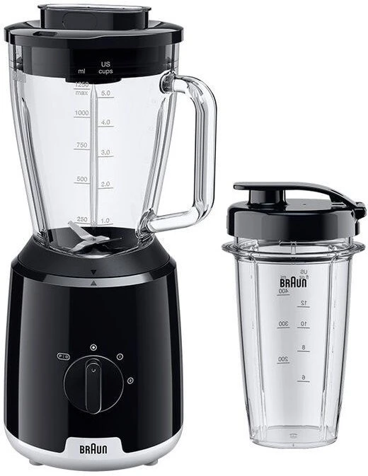 Braun stacionarus blenderis PowerBlend 1, 600 W, 1.5 l stiklinis ąsotis, butelis Smoothie2Go, juodas, JB1051BK