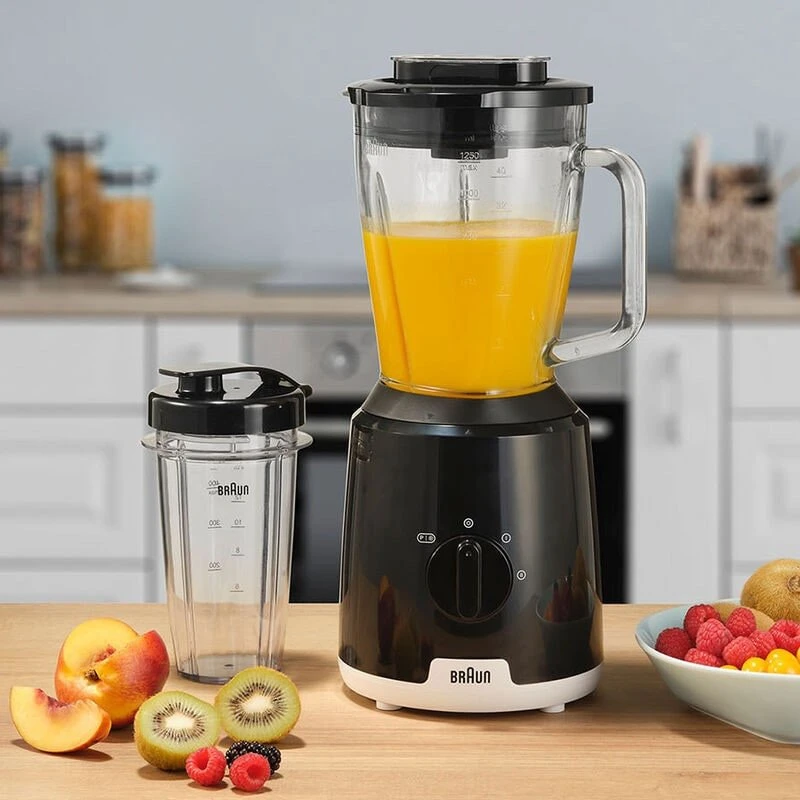 Braun stacionarus blenderis PowerBlend 1, 600 W, 1.5 l stiklinis ąsotis, butelis Smoothie2Go, juodas, JB1051BK