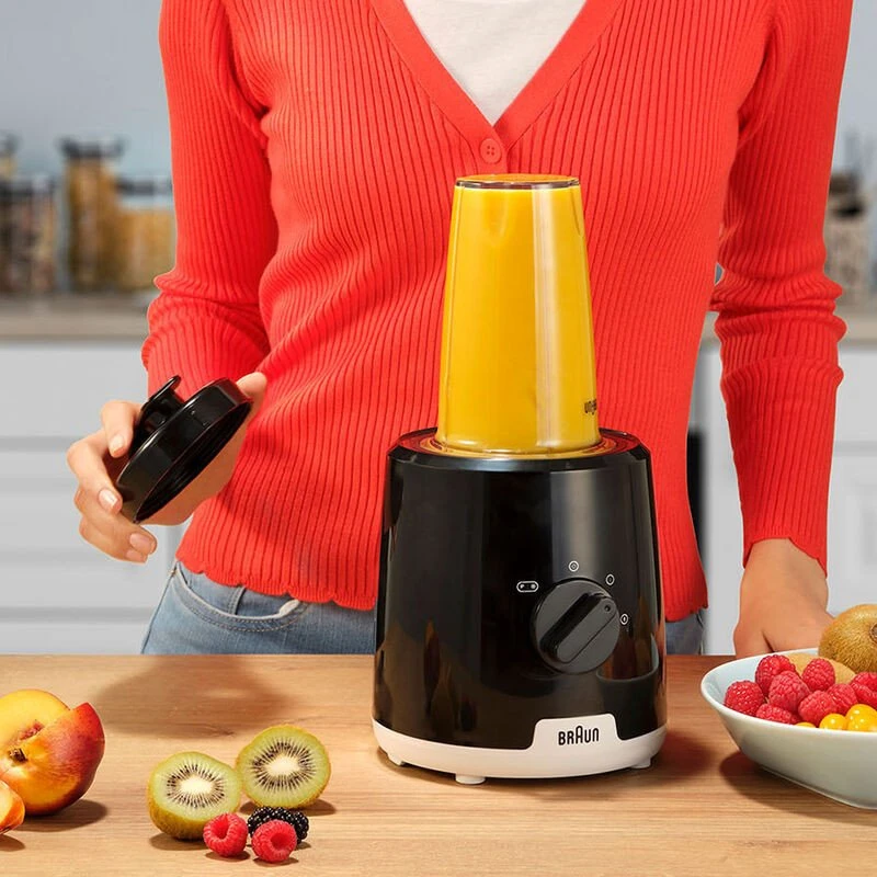 Braun stacionarus blenderis PowerBlend 1, 600 W, 1.5 l stiklinis ąsotis, butelis Smoothie2Go, juodas, JB1051BK