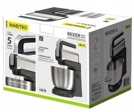 Plakiklis Maestro MR-551 stalinis maišytuvas su besisukančiu dubeniu, 600 W, juodas, plienas