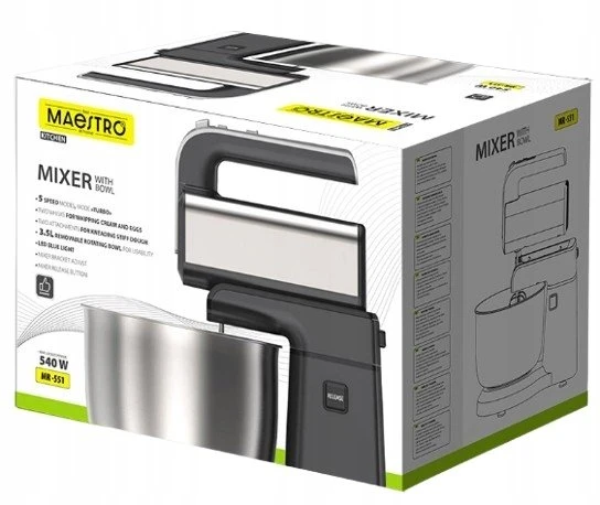 Plakiklis Maestro MR-551 stalinis maišytuvas su besisukančiu dubeniu, 600 W, juodas, plienas