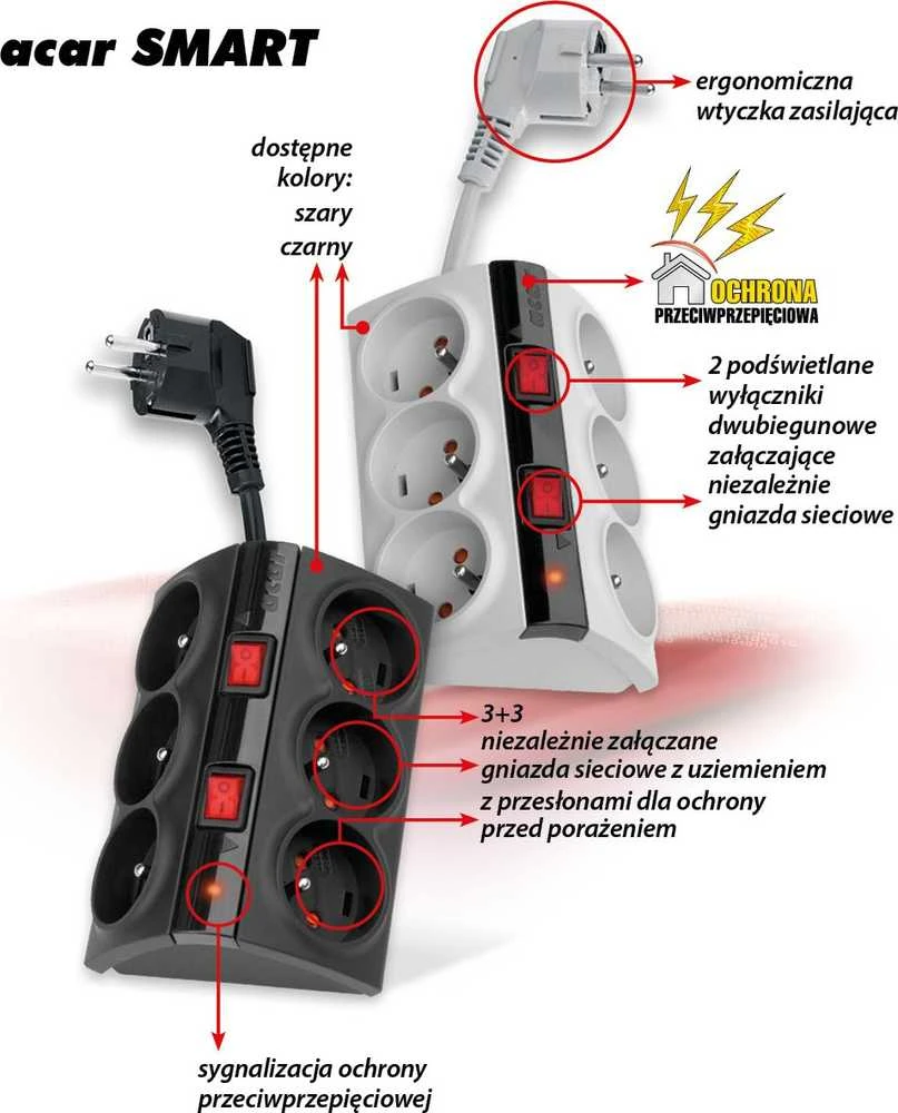 Maitinimo juosta Acar Smart anti-surge 6 lizdai 1,5 m juodi (W0153)