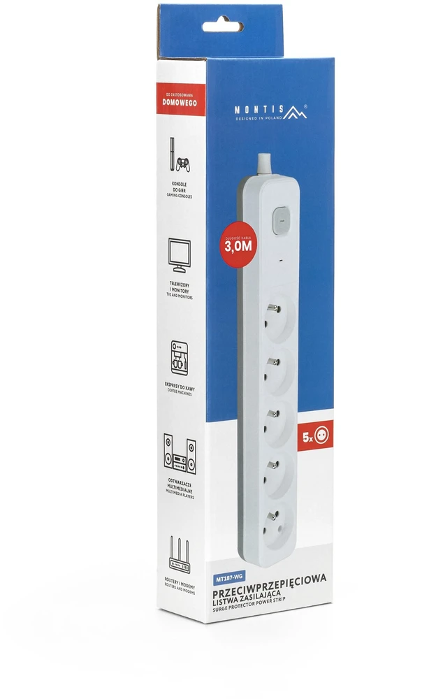 Montis MT187-WG-3 elektros lizdų juosta su apsauga nuo viršįtampio, 5 lizdai, 3 m, balta-pilka