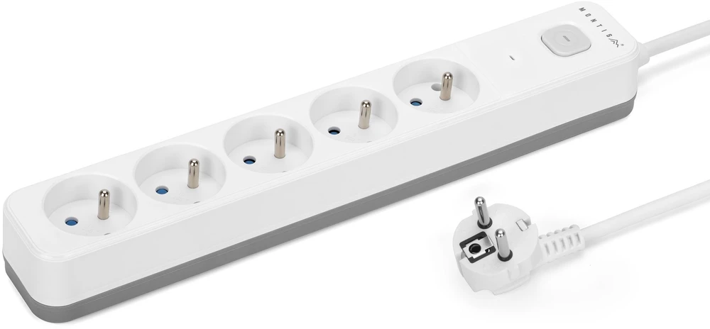 Montis MT187-WG-3 elektros lizdų juosta su apsauga nuo viršįtampio, 5 lizdai, 3 m, balta-pilka
