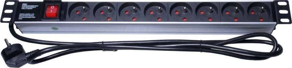 „PremiumCord PDU-F10G08S/SURGE“ 1U stovo tipo maitinimo blokas su apsauga nuo viršįtampių ir jungikliu, 8 lizdai, 2 m kabelis