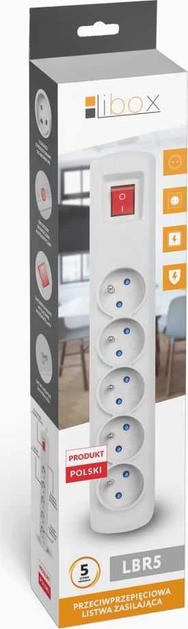 Libox maitinimo juosta su apsauga nuo viršįtampių, 5 lizdai, 5 m, balta (LBR-5)