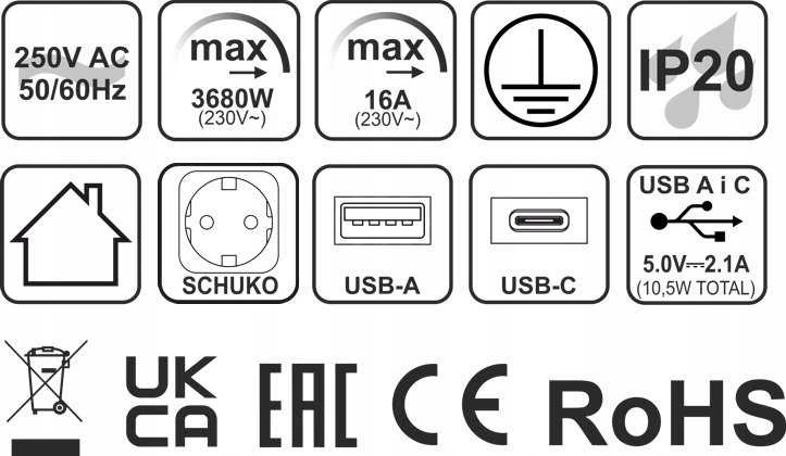 Design_Light Įmontuojamas ilgintuvas Design Light, 2 vietos, USB A+C, 3 m