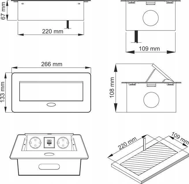Design_Light Įmontuojamas ilgintuvas Design Light, 2 vietos, USB A+C, 3 m