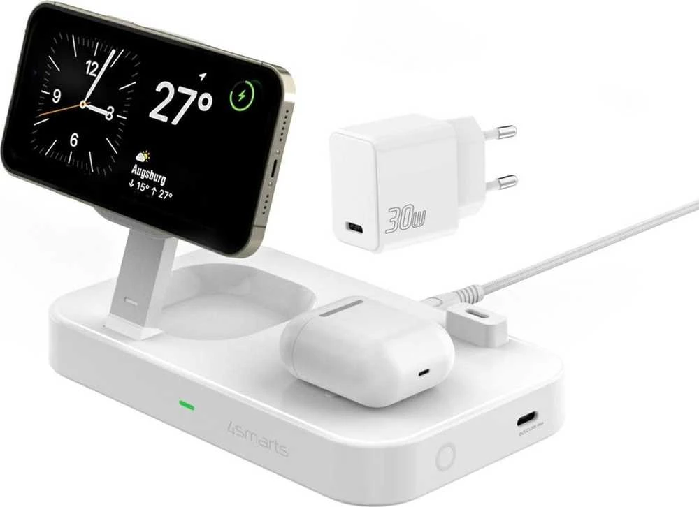 4smarts belaidis įkroviklis QI2 Trident 2in1 + USB-C + Laidinis įkroviklis 30W baltos spalvos 540998