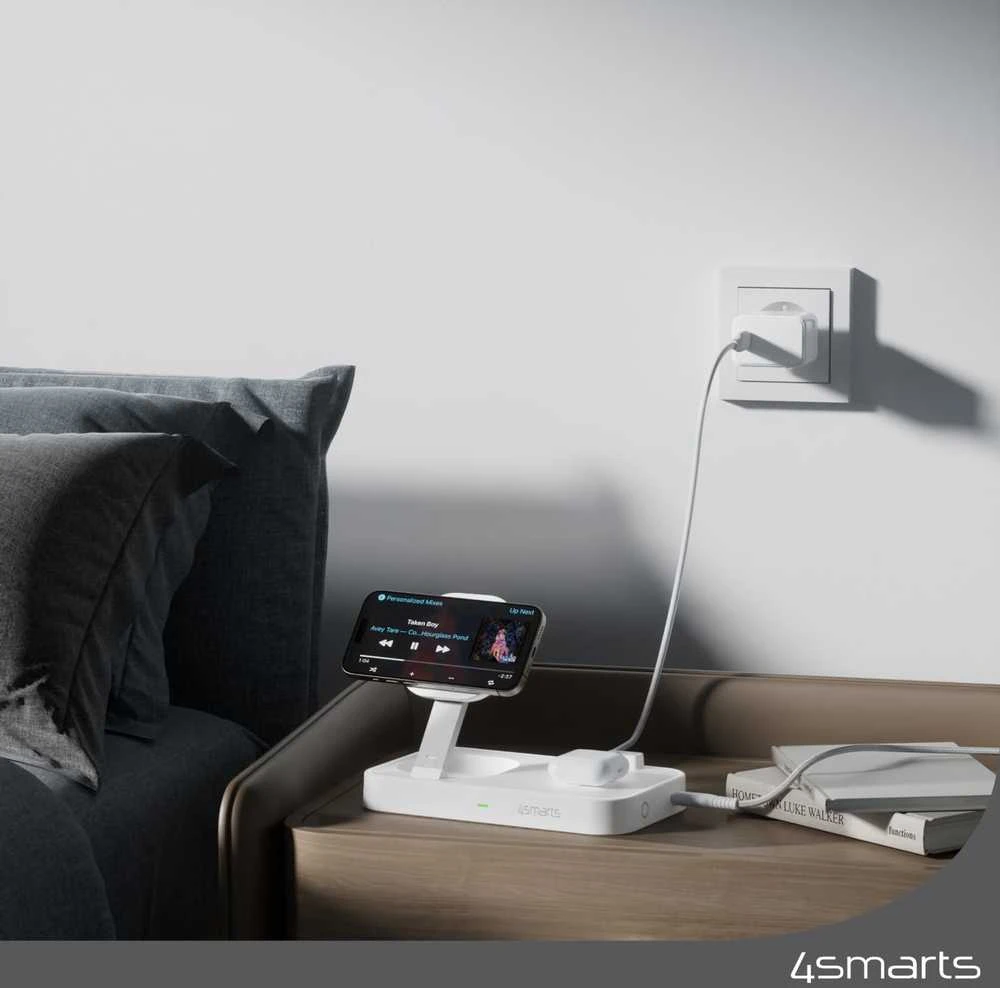 4smarts belaidis įkroviklis QI2 Trident 2in1 + USB-C + Laidinis įkroviklis 30W baltos spalvos 540998