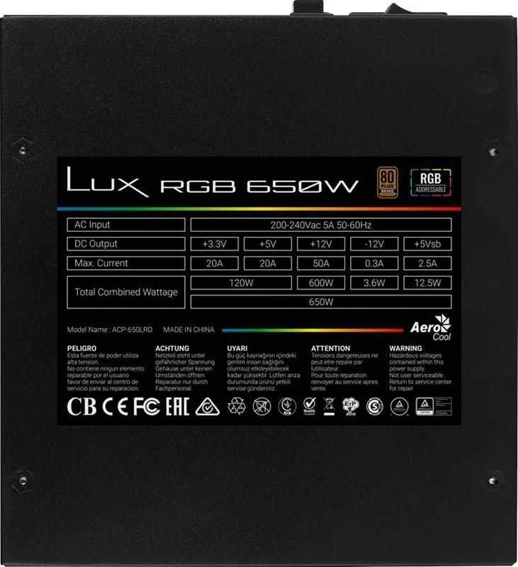 AEROCOOL AEROPGSLUXRGB-650 PSU ATX AeroCool LUX 650W RGB 80 PLUS bronzos