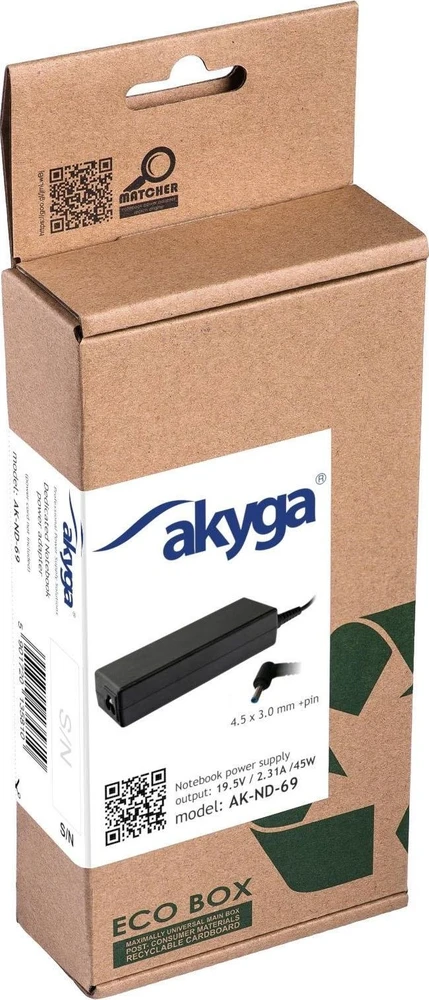 Nešiojamojo kompiuterio pakrovėjas Akyga AK-ND-69 (19.5V / 2.31A 45W 4.5 x 3.0mm + pin) HP 1.2m