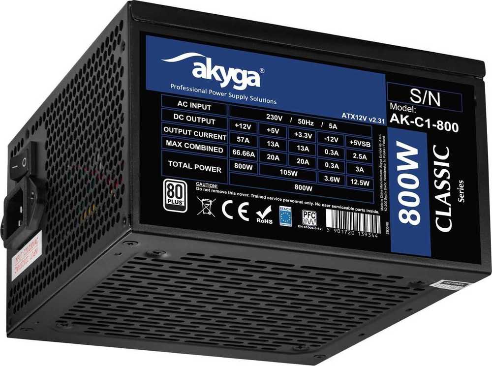 Maitinimo šaltinis ATX 800W Akyga AK-C1-800 P4+4 2x PCI-E 6+2 pin 6x SATA 3x Molex APFC FAN 12cm