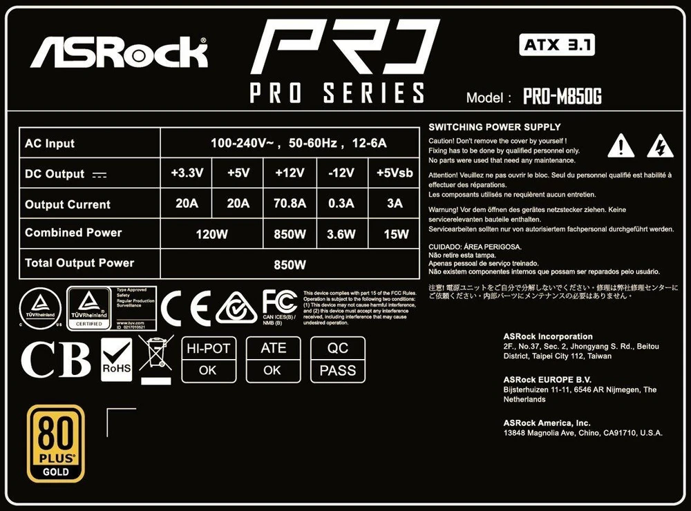 Asrock PRO-M850G 850W 80 PLUS Gold maitinimo blokas