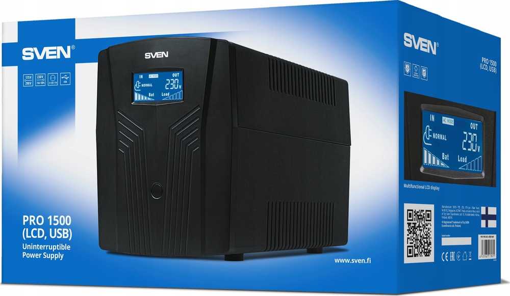 Maitinimo šaltinis awaryjny SVEN Pro 1500, 900W, LCD, USB, RG-45, 3 gniazda euro