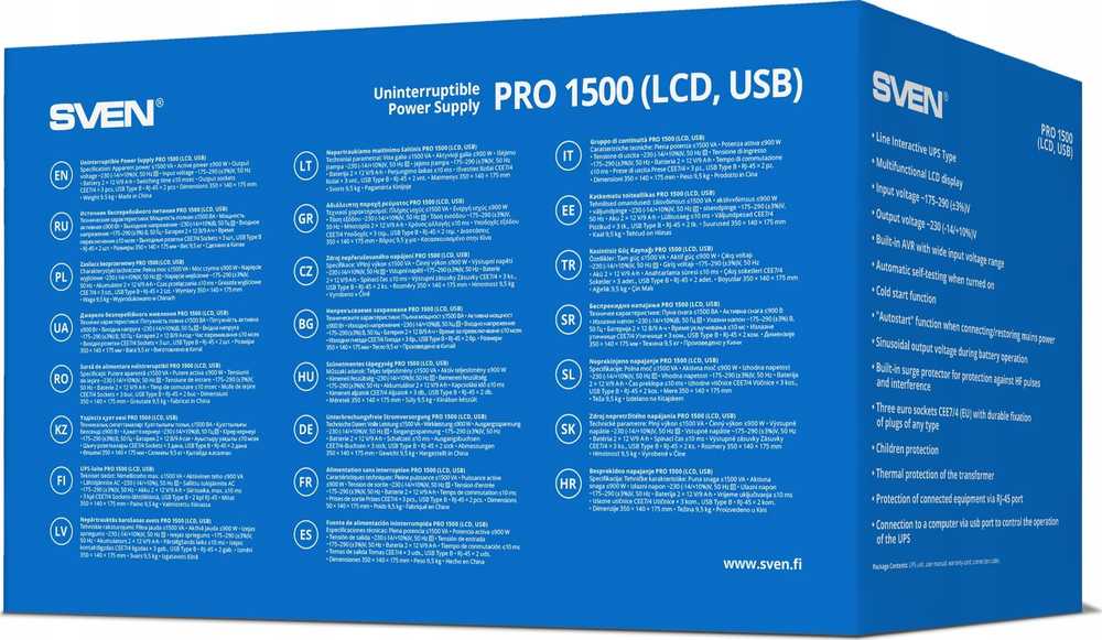 Maitinimo šaltinis awaryjny SVEN Pro 1500, 900W, LCD, USB, RG-45, 3 gniazda euro