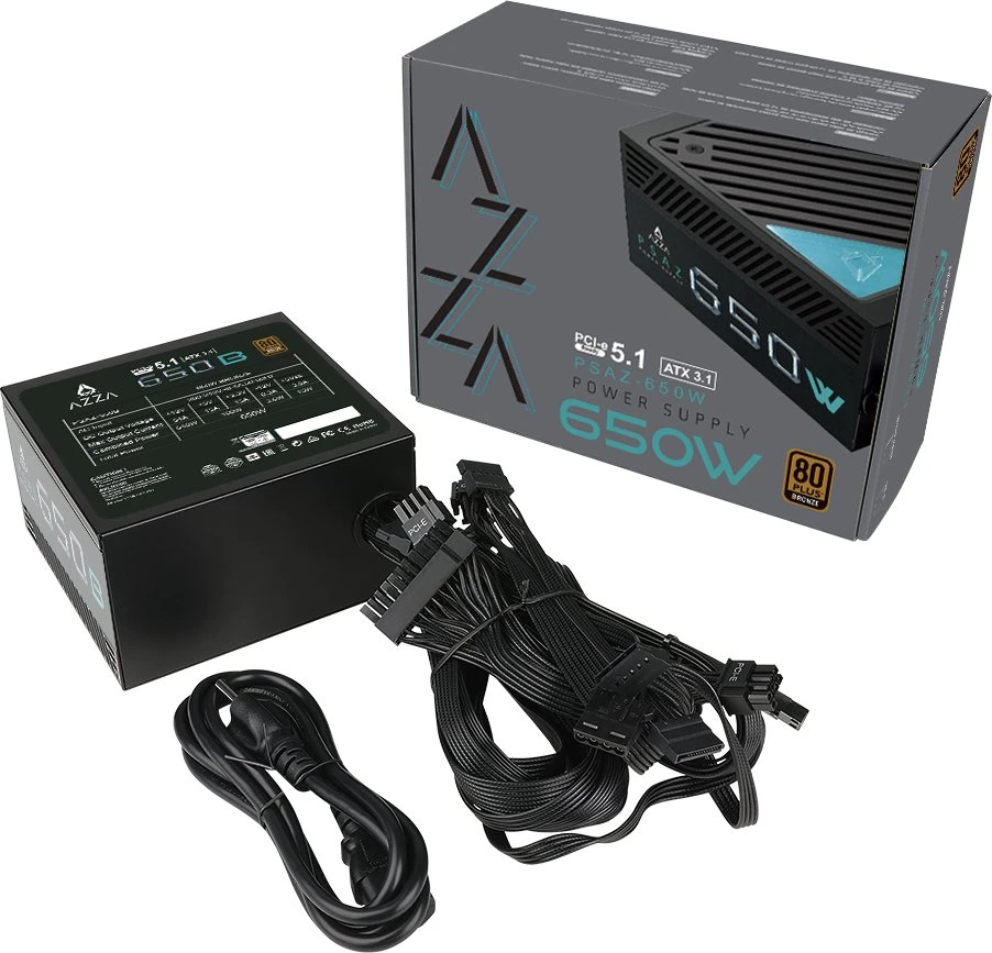 AZZA maitinimo blokas 650W ATX 3.1, 80+ bronzos sertifikuotas, tylus 120 mm ventiliatorius, 1x 20+4 kontaktų, 1 x 4+4 kontaktų 12V, 1 x PCI-E 5.1 12+4, x 6+2 kontaktų PCI-E, 2 x 4 kontaktų Molex, 6 x SATA, PSAZ-650B (PCI-e 5.1)