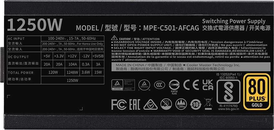 „Cooler Master MWE V2“, 80 PLUS auksinis maitinimo šaltinis, modulinis, PCIe 5.1 - 1.250 W, juodas