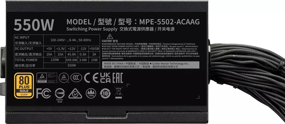 „Carruzzo Cooler Master MWE Gold V3 ATX 3.1“ nemoduliniai ankstyvųjų blokų korpusai, 550 W, 24 kontaktų, ATX, Juoda