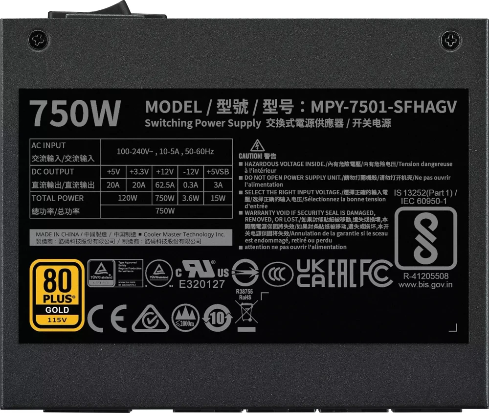 Cooler Master V SFX Gold 750 ATX 3.1, 750 W, 100–240 V, 50/60 Hz, 10–5 A, aktyvus, 120 W