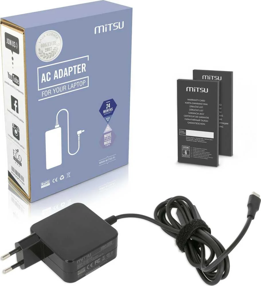 Nešiojamojo kompiuterio maitinimo adapteris Mitsu 45 W, USB-C, 3 A, 20 V (ZM/USBC45WB)