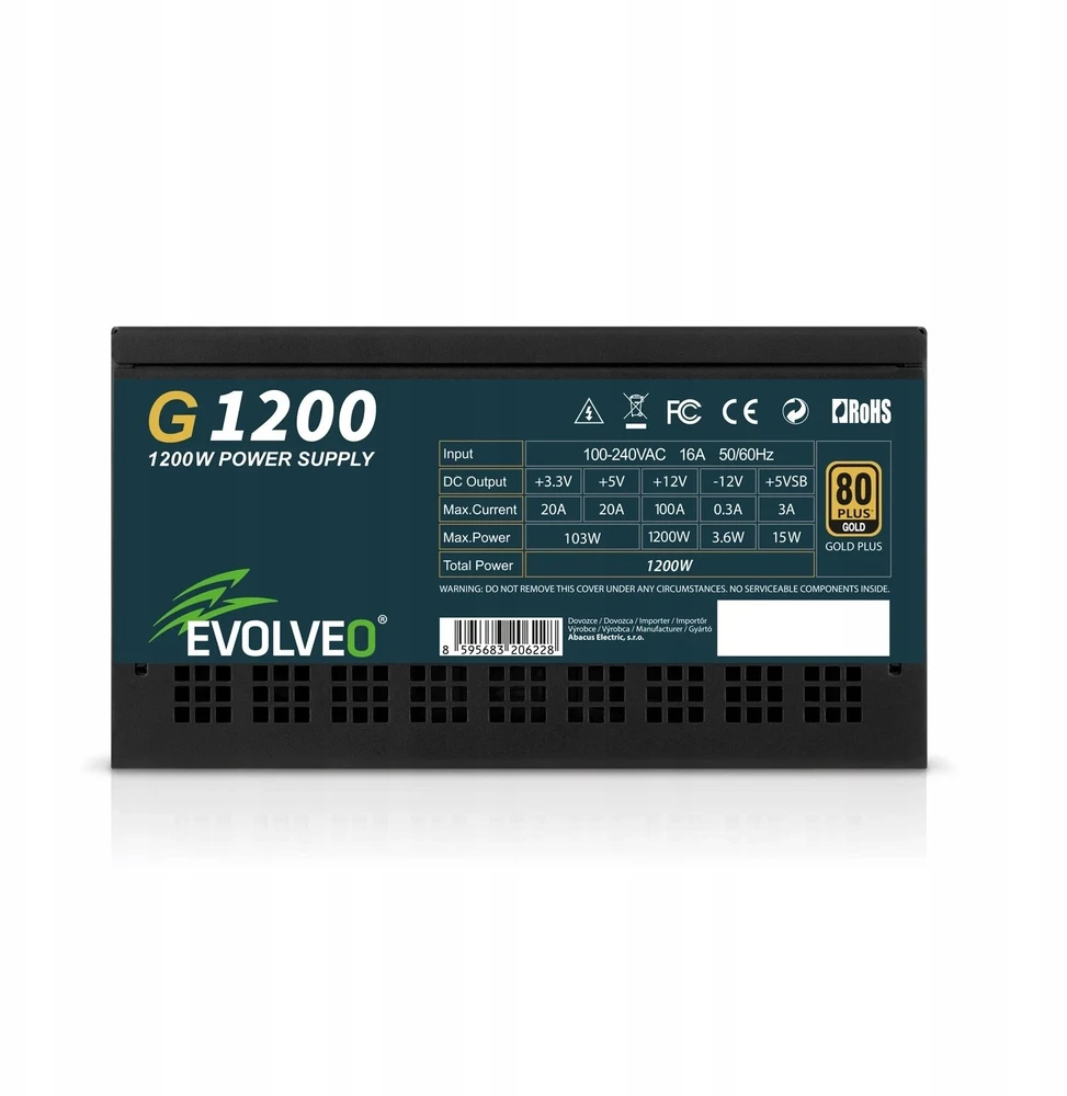 EVOLVEO G1200, 1200 W maitinimo šaltinis, 80+ GOLD, ATX 3.1, aPFC, 140 mm ventiliatorius, pilnai modulinis, 3 metų garantija, juodas