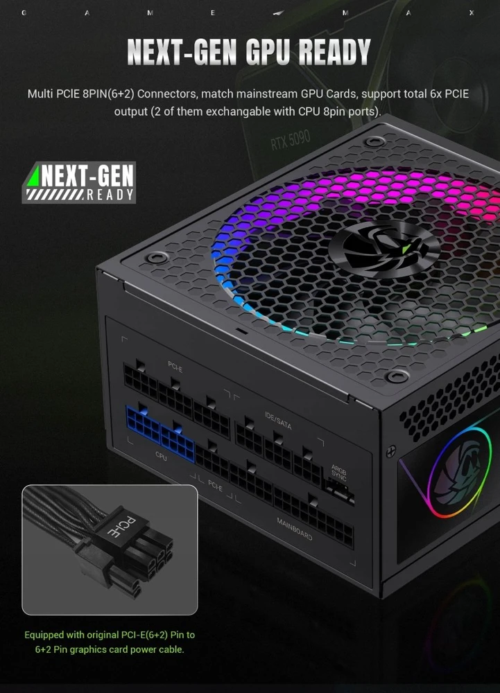 „Gamemax“ maitinimo blokas | RGB 1050G | 1050 W | Auksinis | Pilnai modulinis