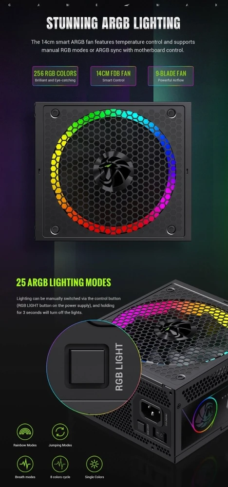„Gamemax“ maitinimo blokas | RGB 1050G | 1050 W | Auksinis | Pilnai modulinis